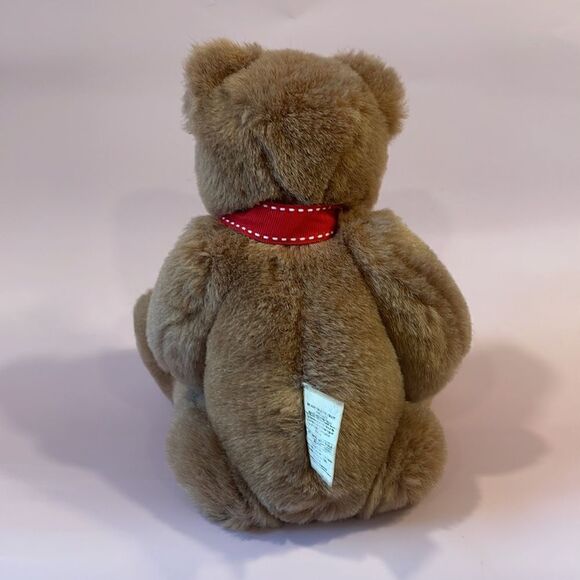 Classic Vintage Weighted Light Brown Teddy Bear Jointed Legs & Arms Red Ribbon - Picture 3 of 11